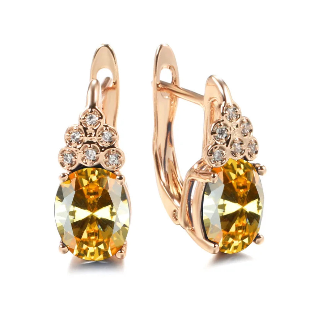 Champagne Gold-Tone Yellow Oval CZ Huggie Earrings With Crystal Trio