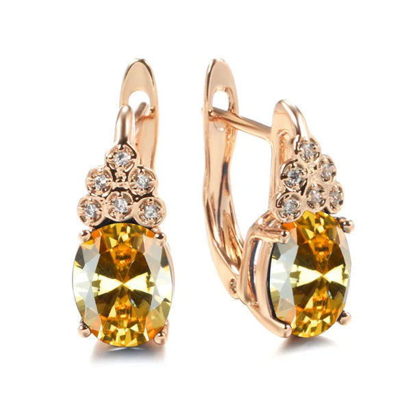 Champagne Gold-Tone Yellow Oval CZ Huggie Earrings With Crystal Trio