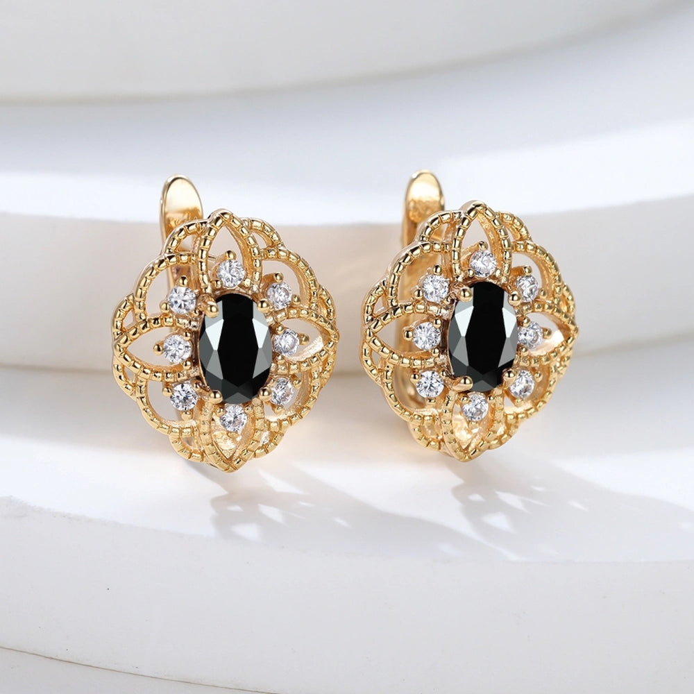 Champagne Gold-Tone Openwork Lace Black CZ Huggie Earrings