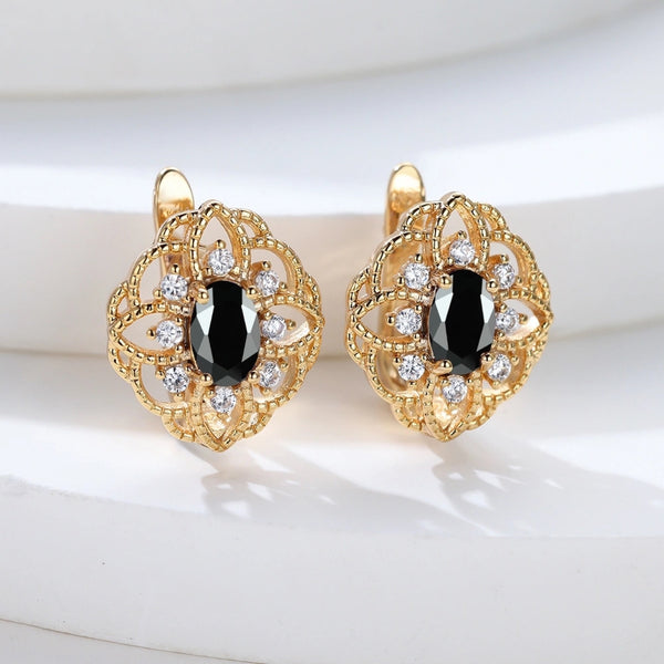 Champagne Gold-Tone Openwork Lace Black CZ Huggie Earrings