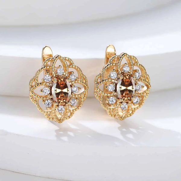 Champagne Gold-Tone Champagne CZ Openwork Lattice Huggie Earrings