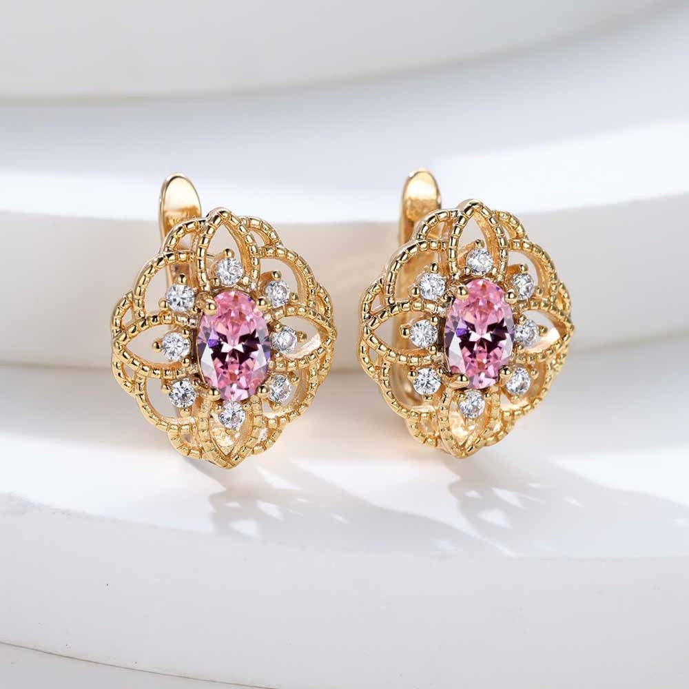 Champagne Gold-Tone Pink CZ Openwork Beaded Huggie Earrings
