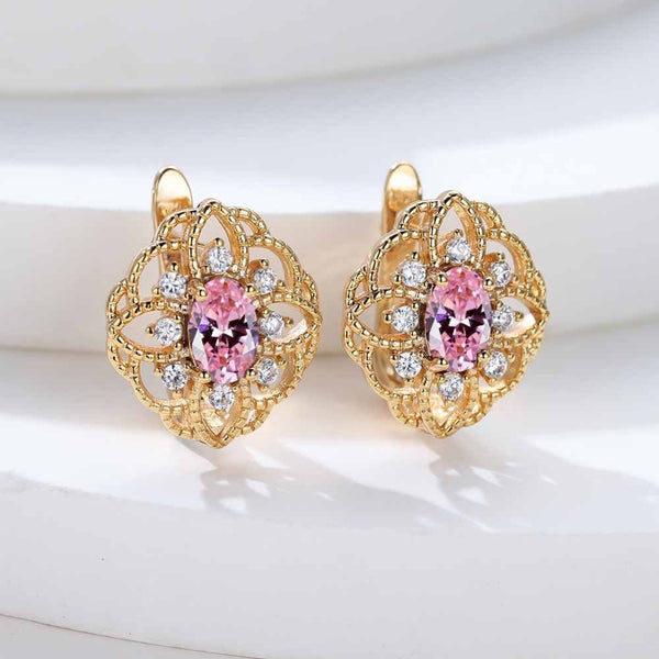 Champagne Gold-Tone Pink CZ Openwork Beaded Huggie Earrings