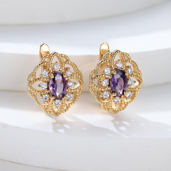 Champagne Gold-Tone Purple Oval CZ Openwork Lattice Huggie Earrings