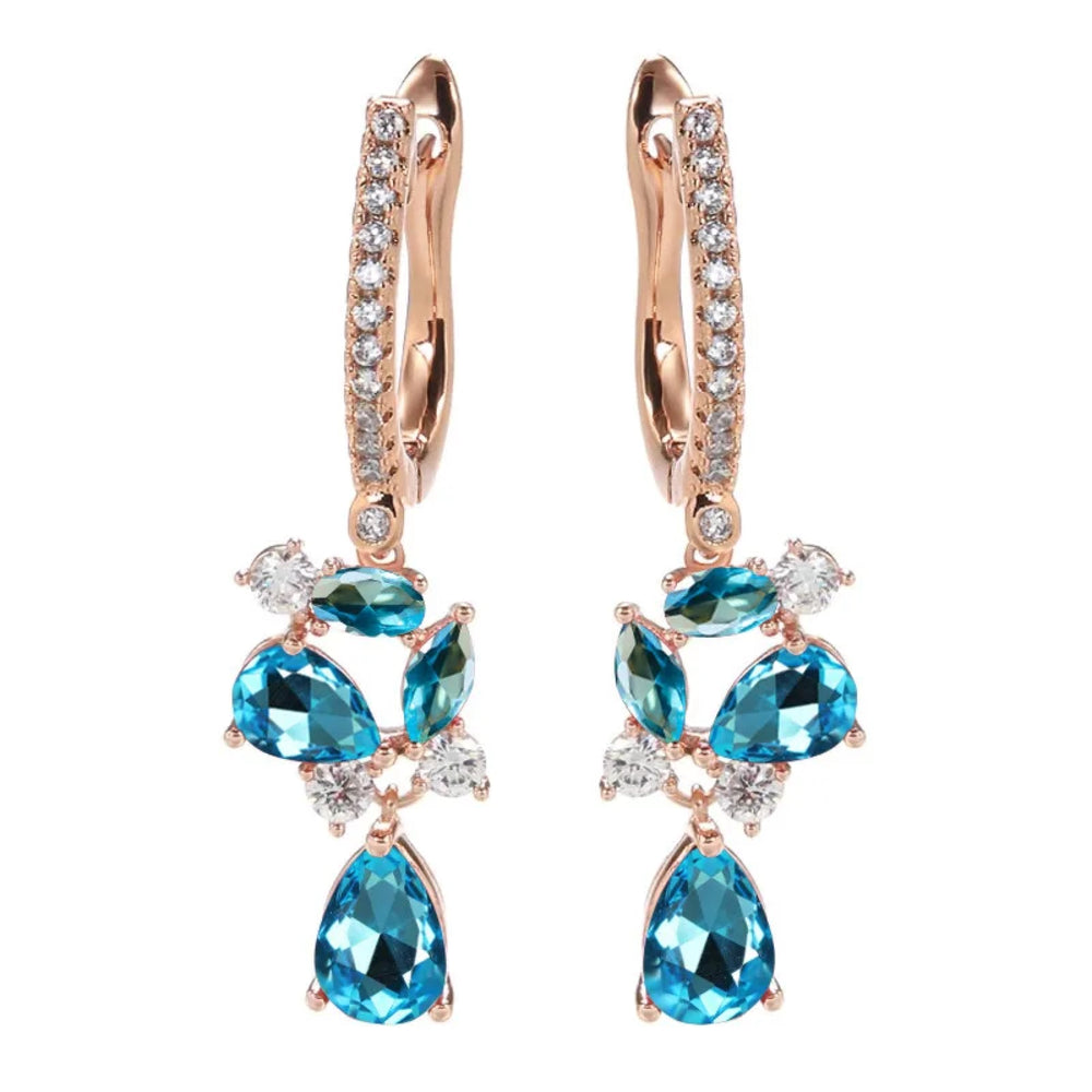 Champagne Gold-Tone Aqua-Blue Crystal Flower Teardrop Drop Earrings