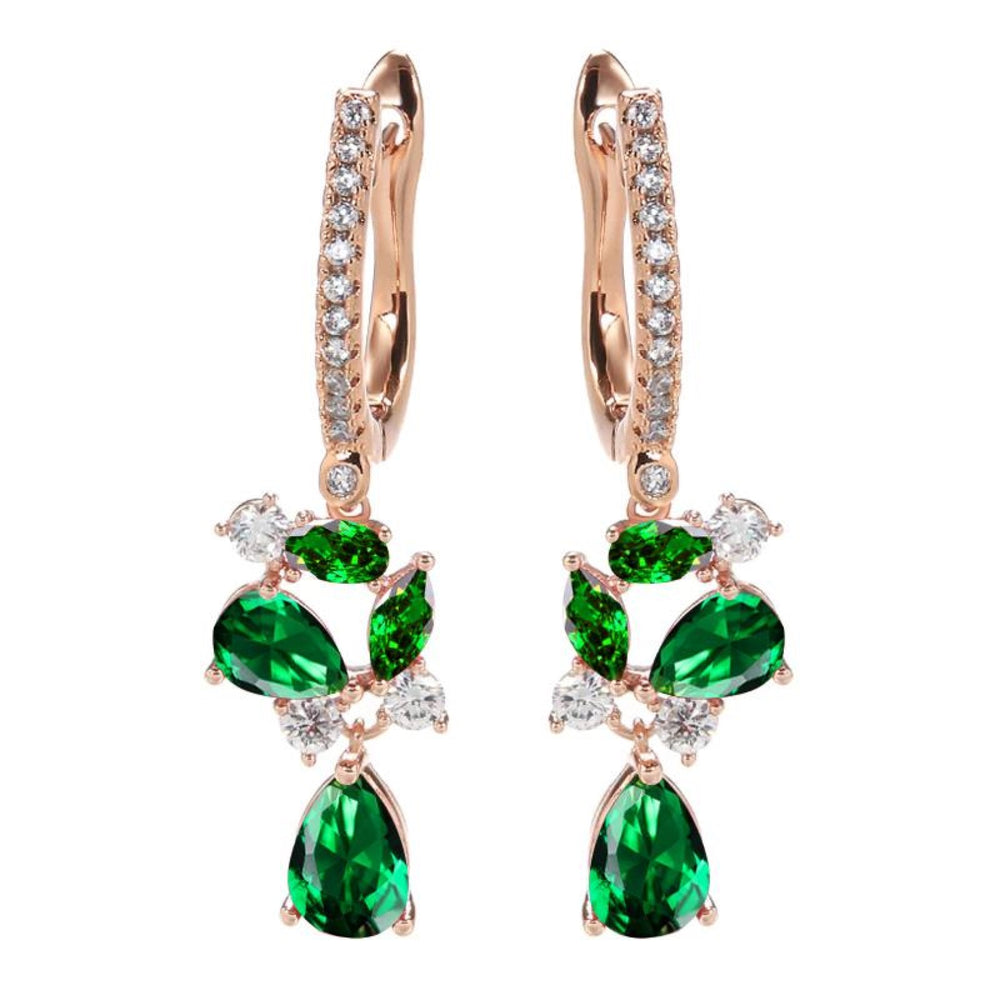 Champagne Gold-Tone Green Crystal Flower Teardrop Drop Earrings