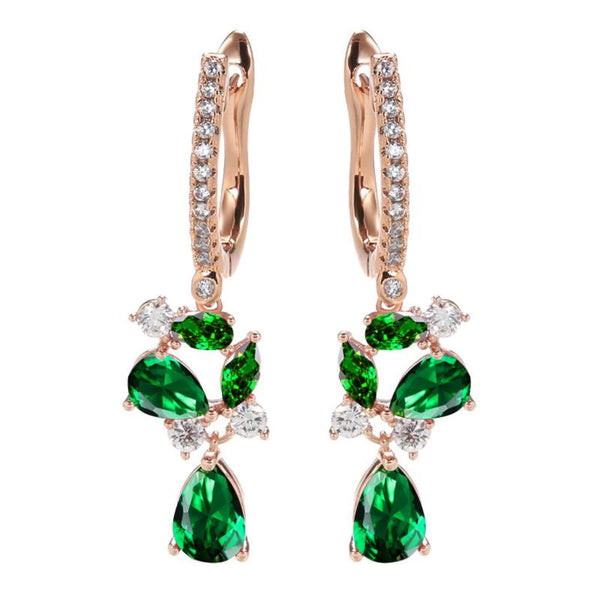 Champagne Gold-Tone Green Crystal Flower Teardrop Drop Earrings