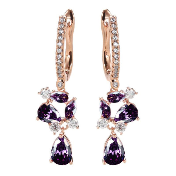 Champagne Gold-Tone Purple Crystal Flower Teardrop Drop Earrings