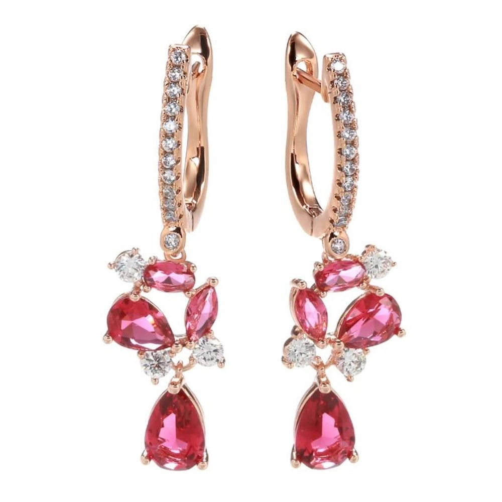 Champagne Gold-Tone Red Crystal Floral Teardrop Drop Earrings