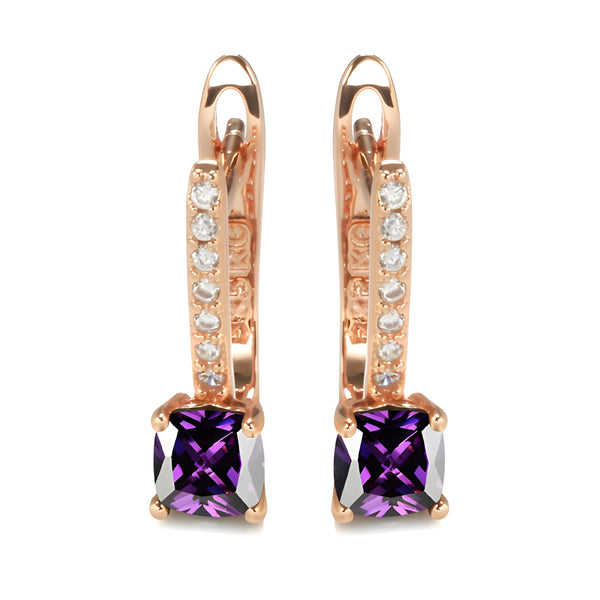 Champagne Gold-Tone Cushion Purple Crystal Pave Huggie Earrings