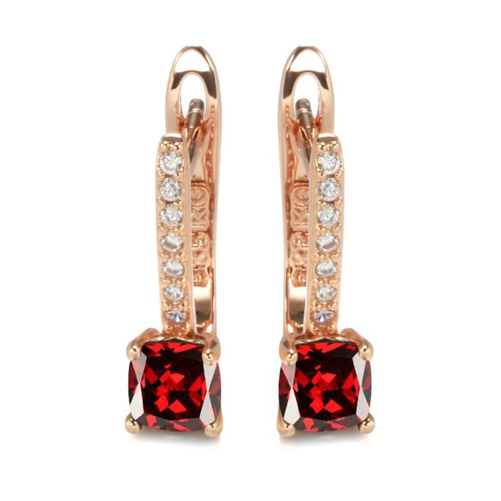 Champagne Gold-Tone Cushion Red Crystal Four-Prong Huggie Earrings