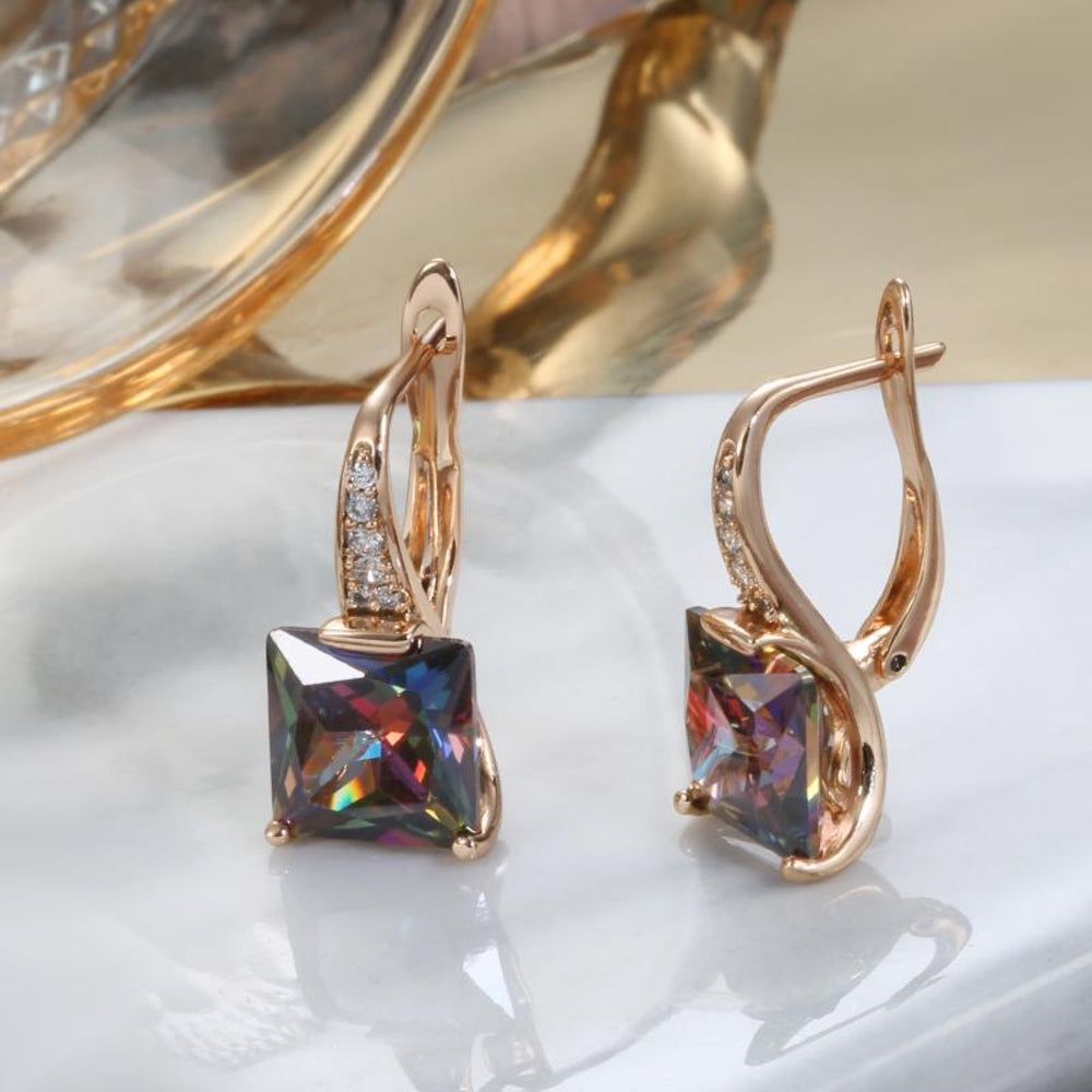 Champagne Gold-Tone Square Mystic Rainbow Crystal Huggie Earrings