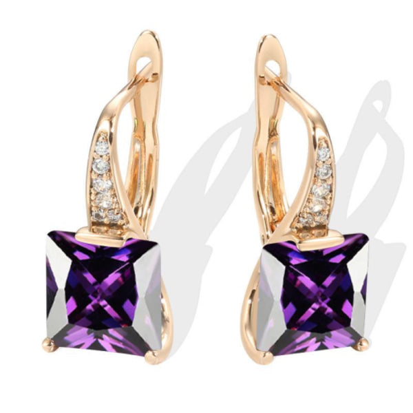 Champagne Gold-Tone Purple Princess-Cut Crystal Huggie Earrings