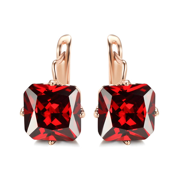 Champagne Gold-Tone Red Square Crystal Huggie Earrings
