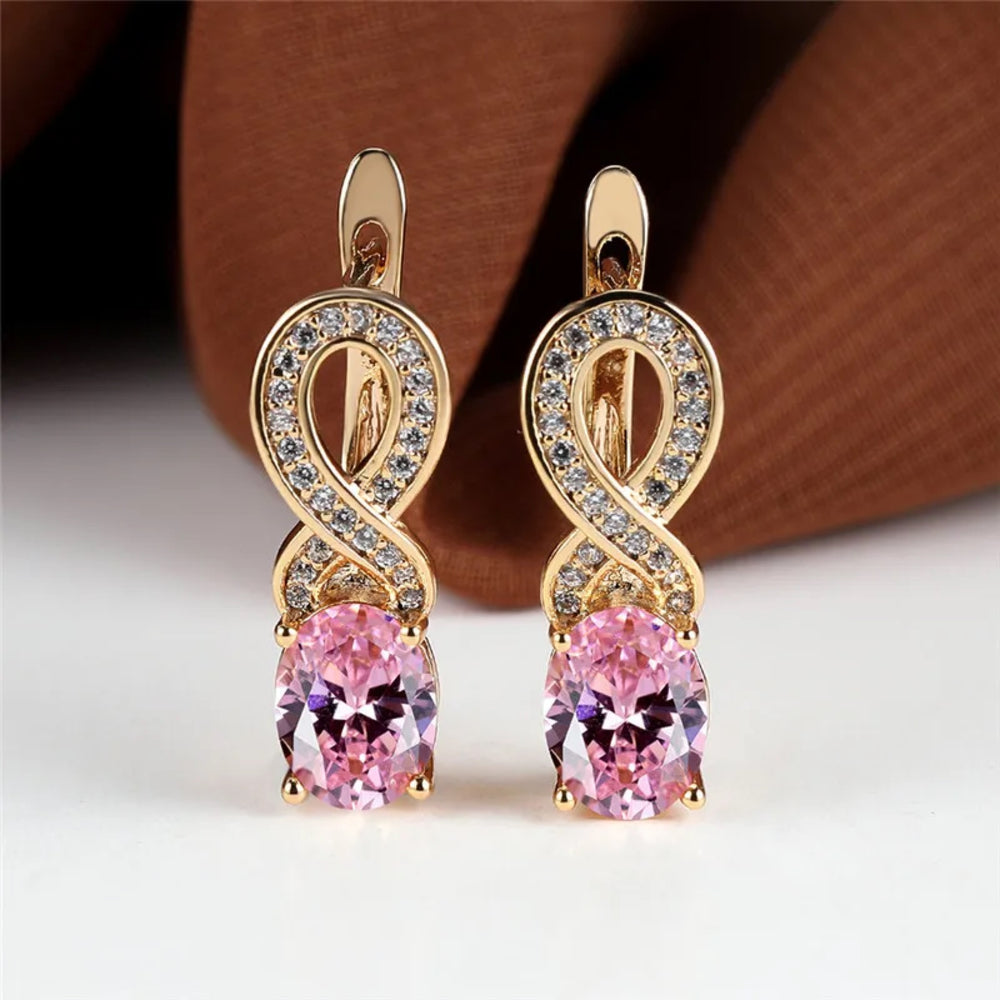 Champagne Gold-Tone Figure-Eight Oval Pink Crystal Drop Earrings