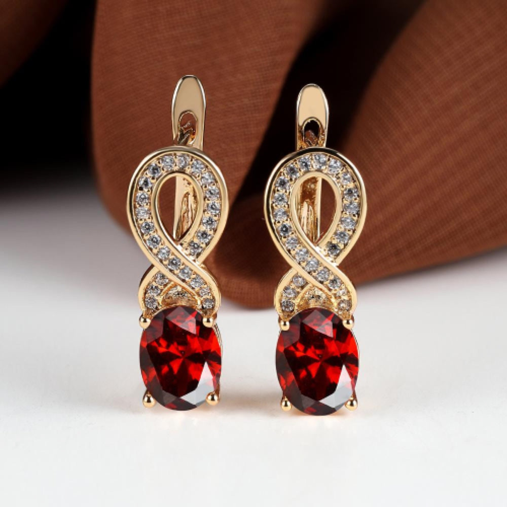 Champagne Gold-Tone Red Oval Crystal Infinity Huggie Earrings