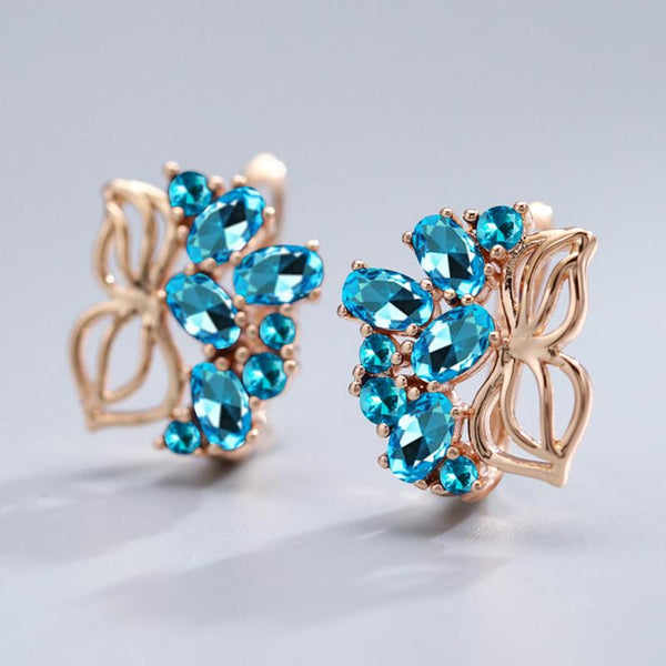 Champagne Gold-Tone Aqua-Blue Crystal Butterfly Huggie Earrings
