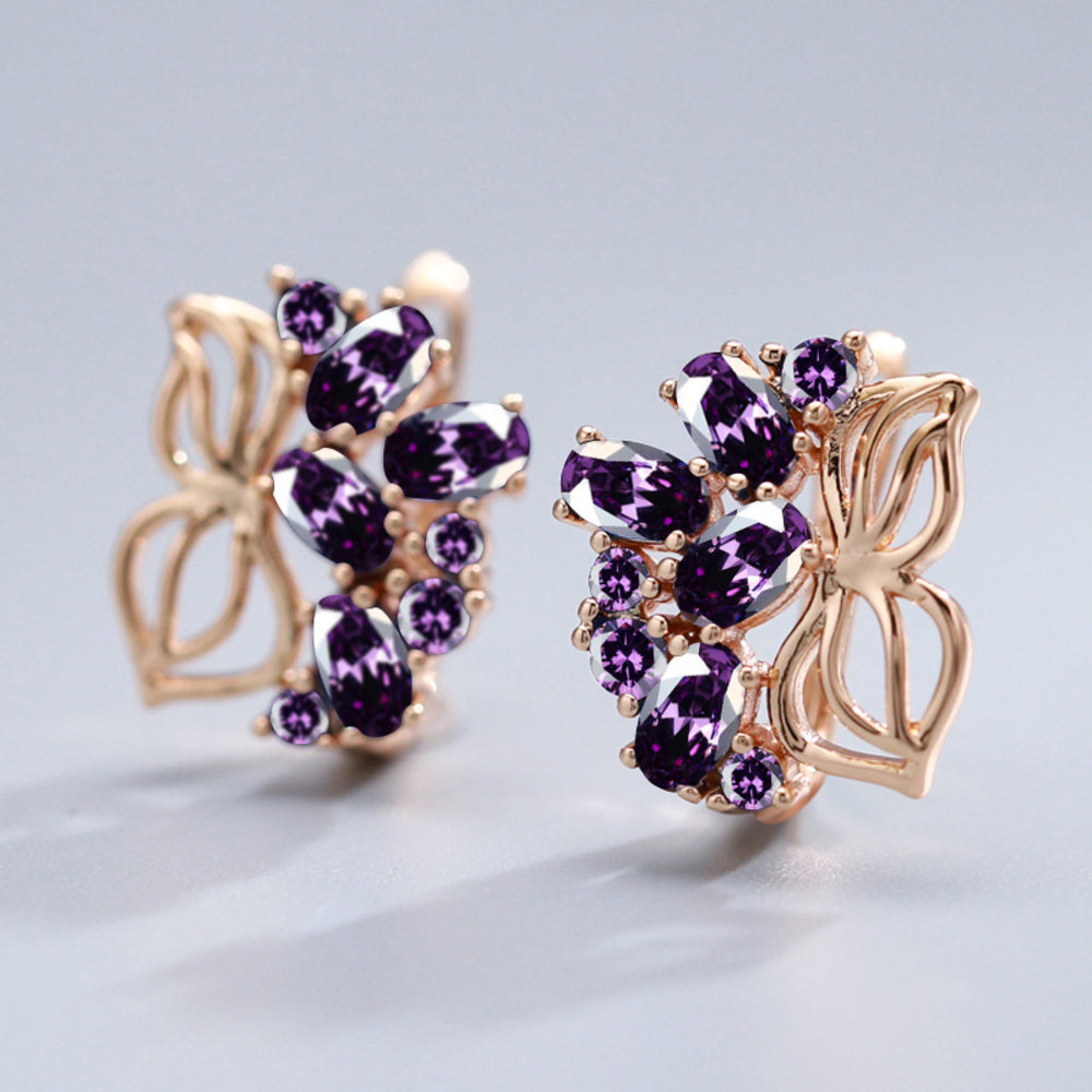 Champagne Gold-Tone Purple Crystal Butterfly Flower Huggie Earrings