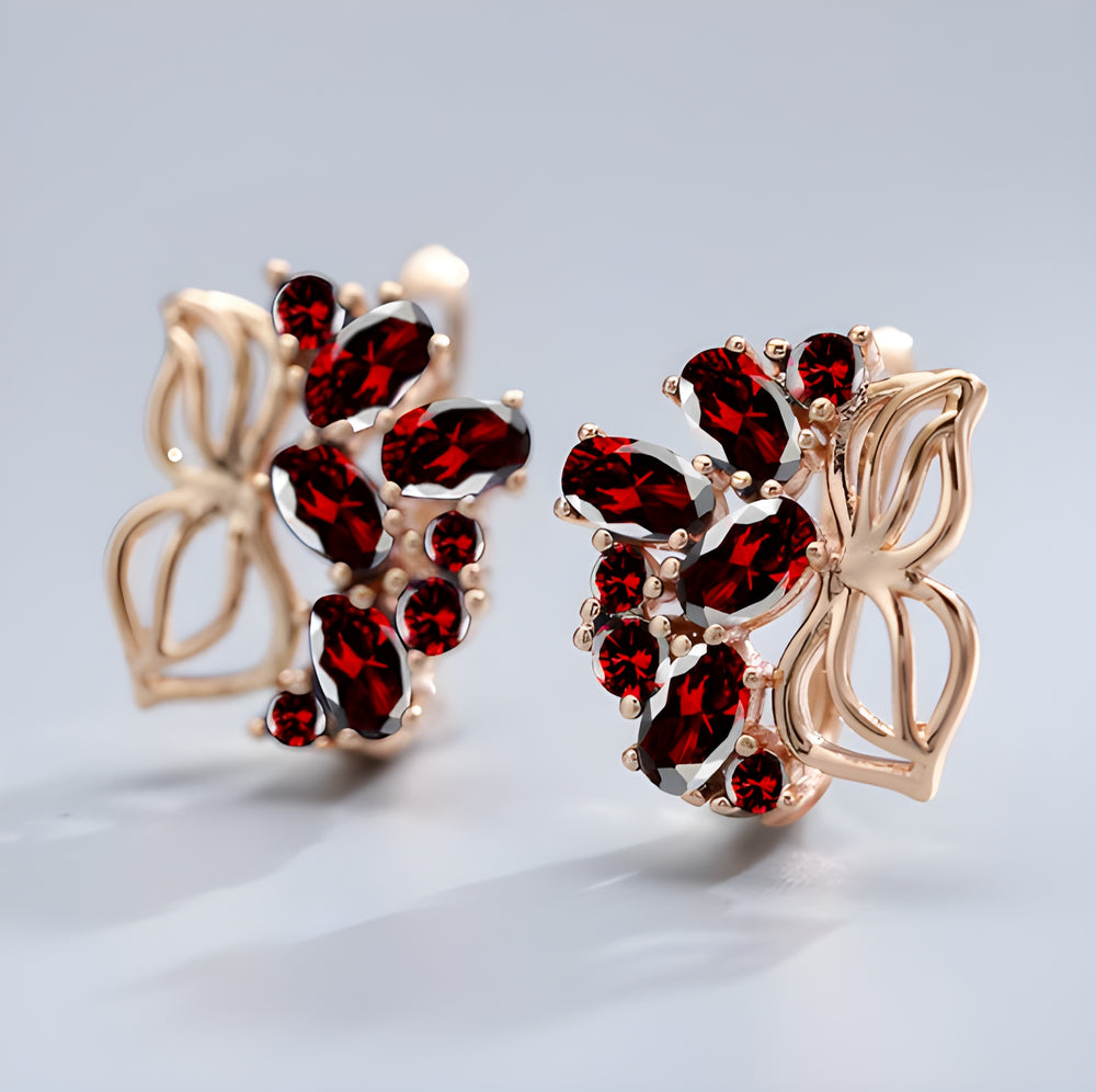 Champagne Gold-Tone Red Crystal Butterfly & Flower Huggie Earrings