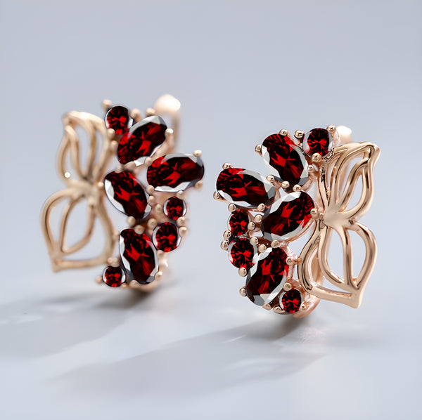 Champagne Gold-Tone Red Crystal Butterfly & Flower Huggie Earrings