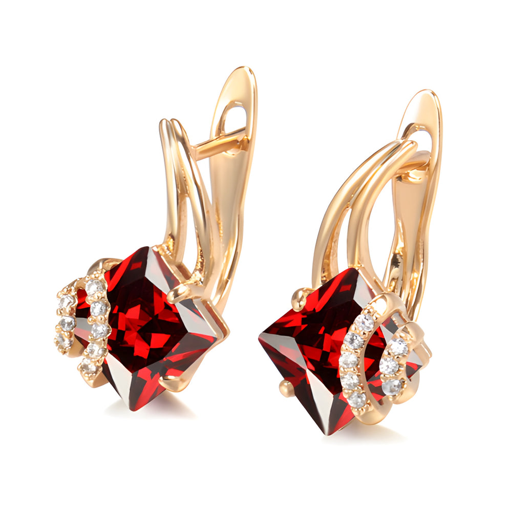 Champagne Gold-Tone Princess-Cut Red Crystal Huggie Earrings
