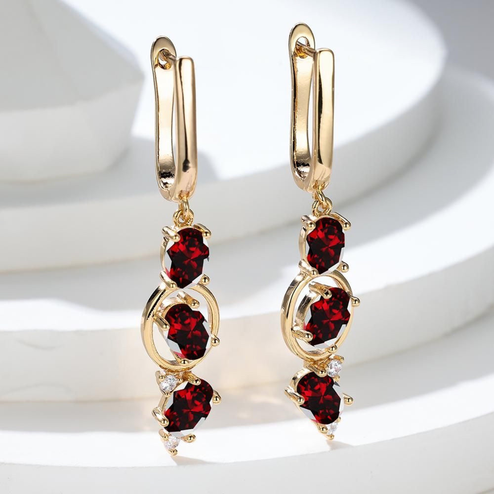 Champagne Gold-Tone Triple Oval Red Crystal Long Drop Earrings