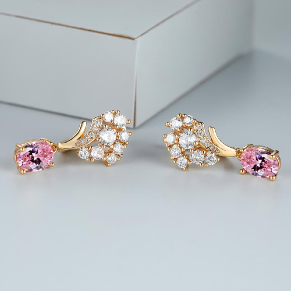 Champagne Gold-Tone Pink Oval Crystal Lily Cluster Drop Earrings