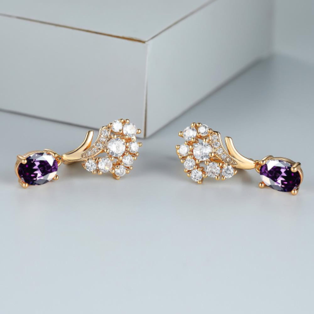 Champagne Gold-Tone Crystal Lily Cluster Oval Purple Huggie Earrings