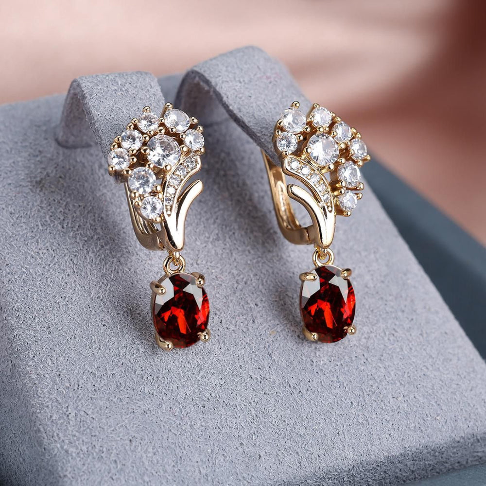 Champagne Gold-Tone White Crystal Cluster & Oval Red Crystal Drop Earrings