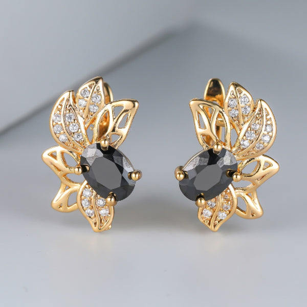 Gold-Tone Black Cubic Zirconia Oval Goldfish Leaf Huggie Earrings