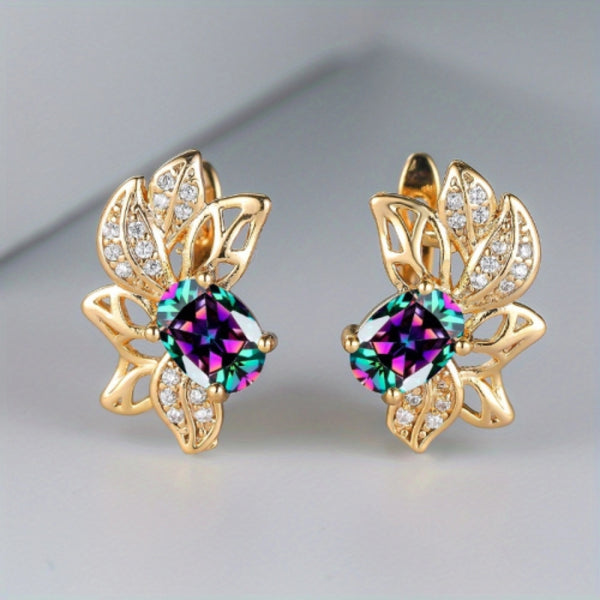 Champagne Gold-Tone Iridescent Cubic Zirconia Leaf Huggie Earrings