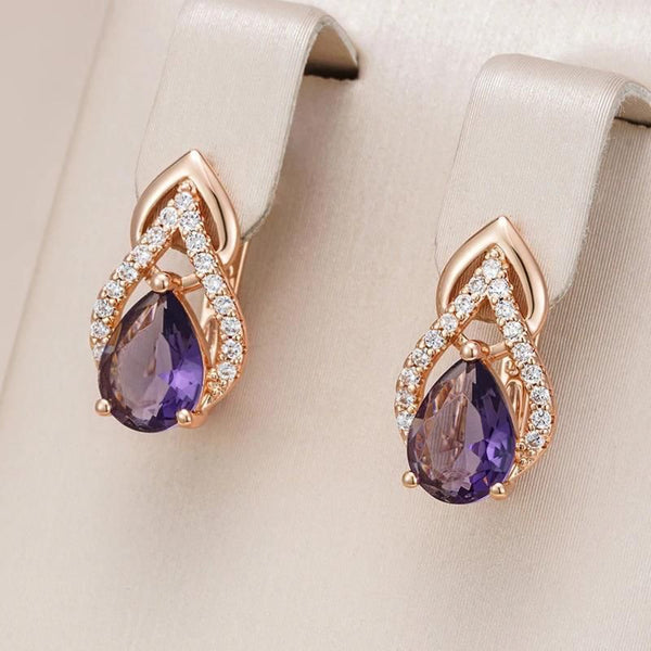 Champagne Gold-Tone Purple Glass Teardrop Pave Huggie Earrings