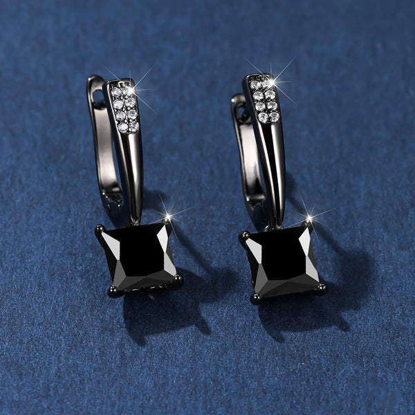 Black & Gold-Tone Geometric Square Black Crystal Drop Earrings