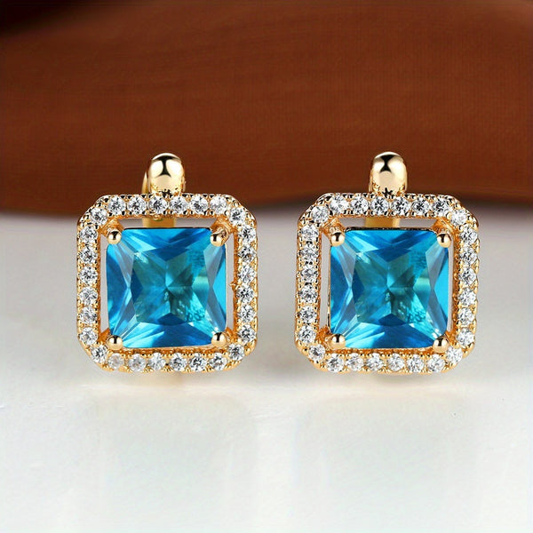 Champagne Gold-Tone Vintage-Style Aqua Square Crystal Huggie Earrings