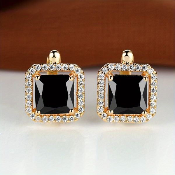 Champagne Gold-Tone Square Black Crystal Halo Huggie Earrings