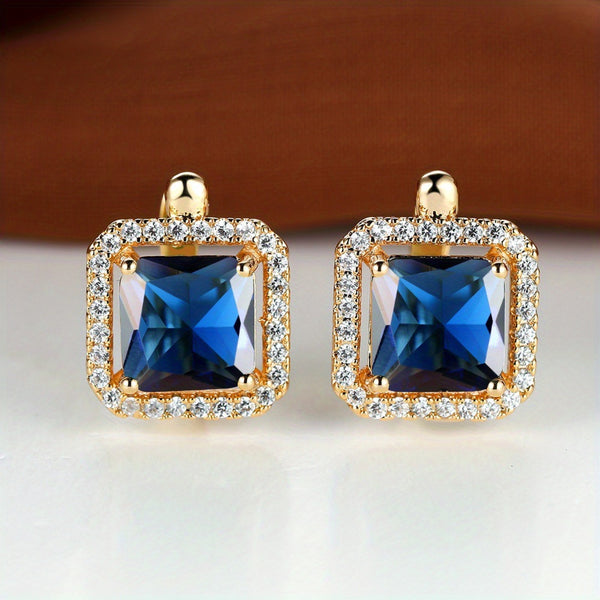 Champagne Gold-Tone Blue Square Crystal Halo Huggie Earrings