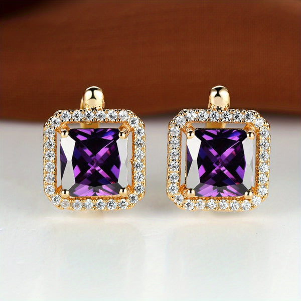Champagne Gold-Tone Purple Square Crystal Halo Huggie Earrings
