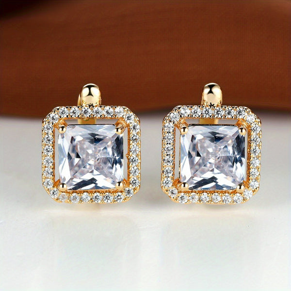 Champagne Gold-Tone Vintage-Style White Square Crystal Huggie Earrings
