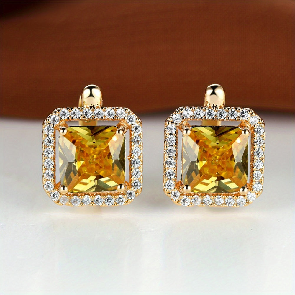 Champagne Gold-Tone Yellow Square Crystal Halo Huggie Earrings