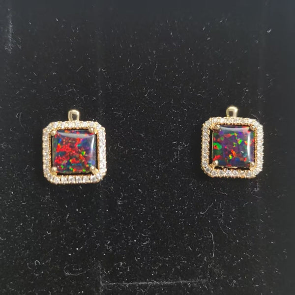 Champagne Gold-Tone Square Black Simulated Opal Crystal Halo Huggie Earrings