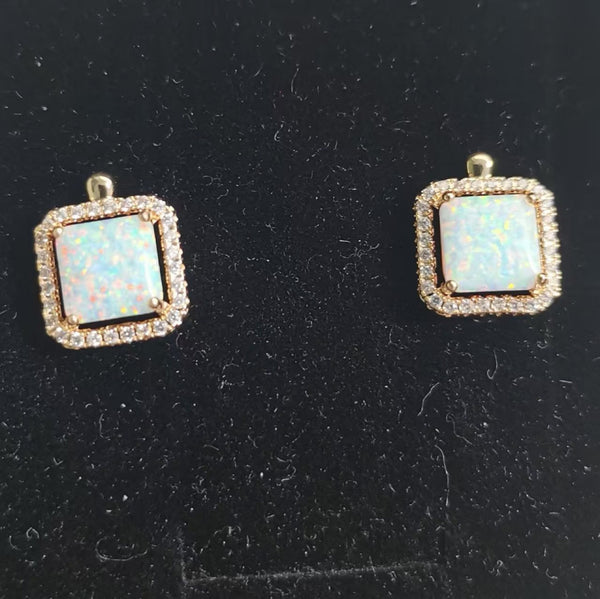 Champagne Gold-Tone Square White Simulated Opal Crystal Halo Huggie Earrings