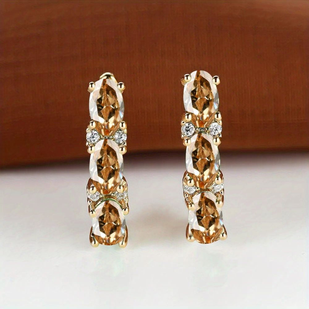 Gold-Tone Triple Oval Champagne Crystal Half-Hoop Earrings