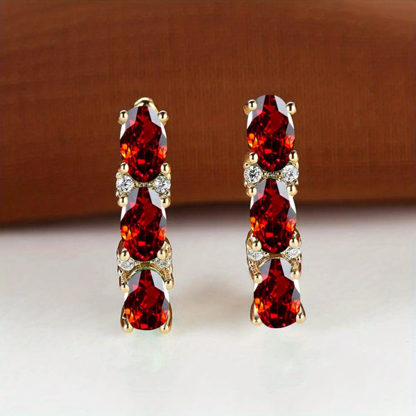 Gold-Tone Triple Oval Red Crystal Huggie Hoop Earrings