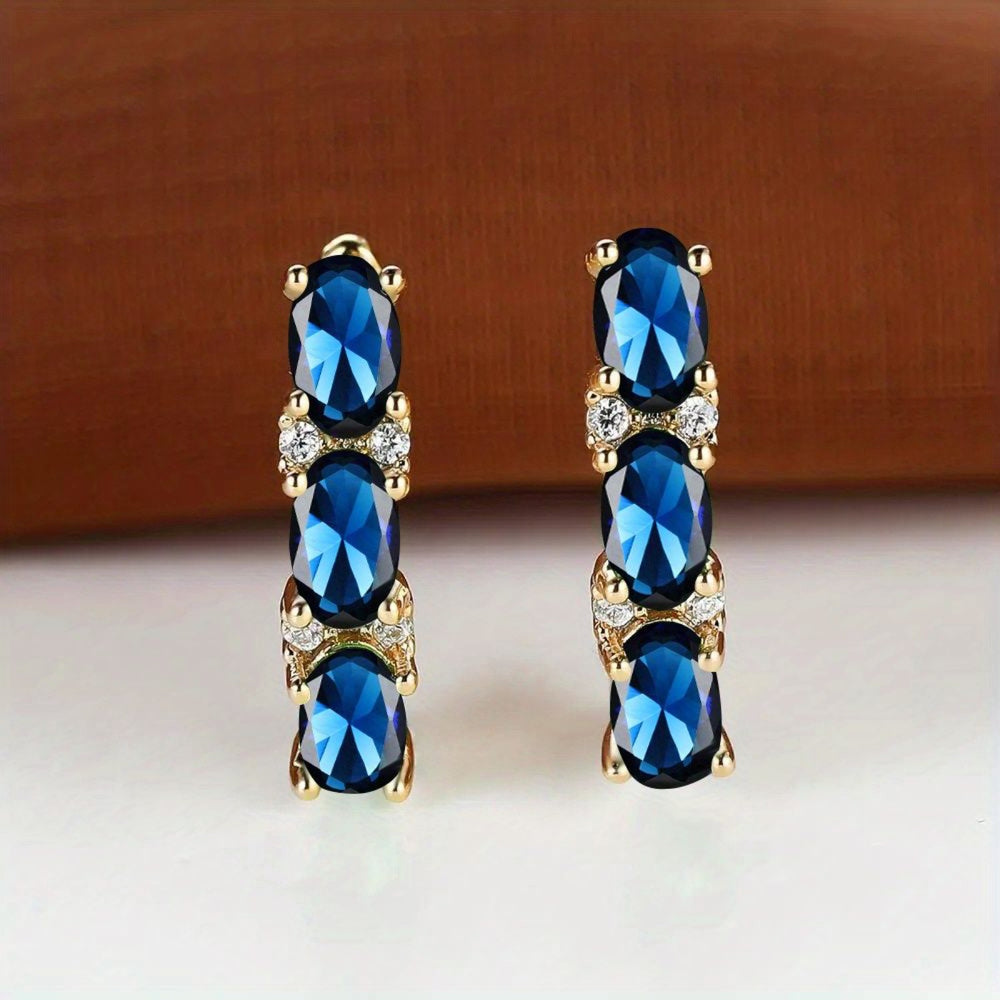Gold-Tone Triple Oval Royal Blue Crystal Half-Hoop Earrings