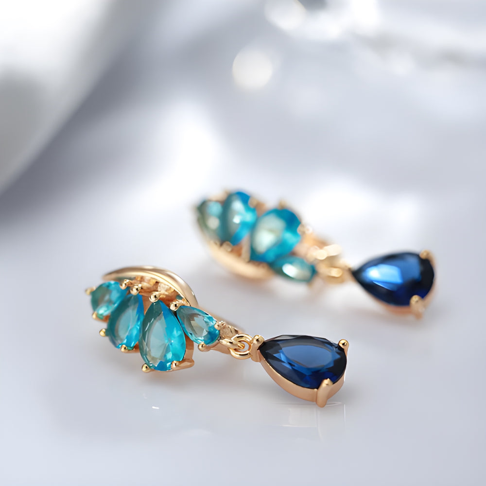 Gold-Tone Aqua & Sapphire-Blue Crystal Teardrop Drop Earrings