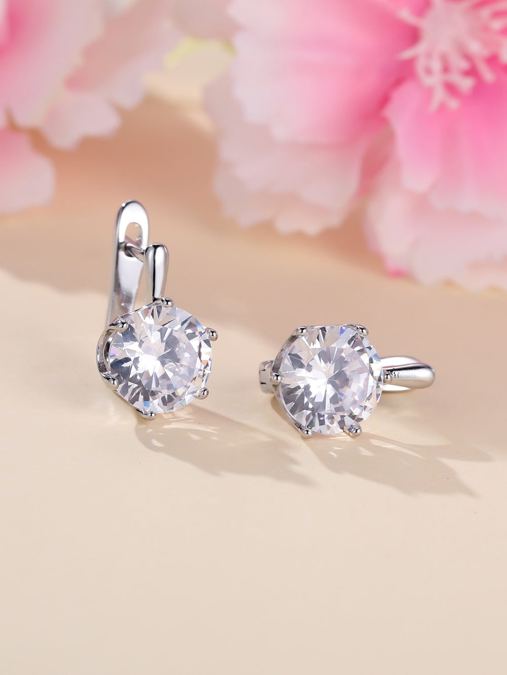 Silver-Tone Large Round CZ Solitaire Huggie Earrings