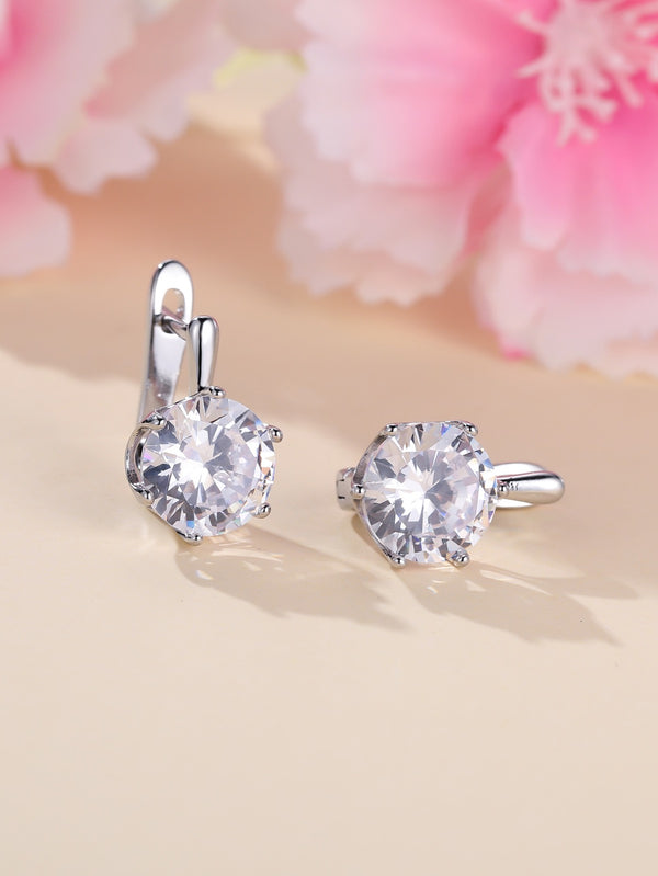 Silver-Tone Large Round CZ Solitaire Huggie Earrings