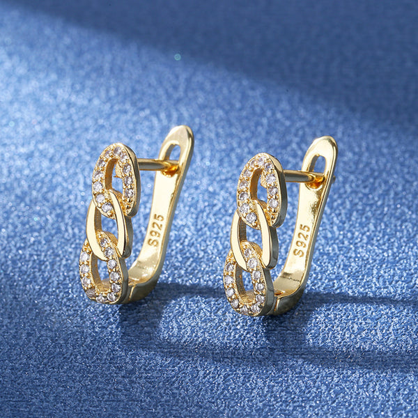 Gold-Tone Crystal Pave Curb Chain Link Huggie Hoop Earrings