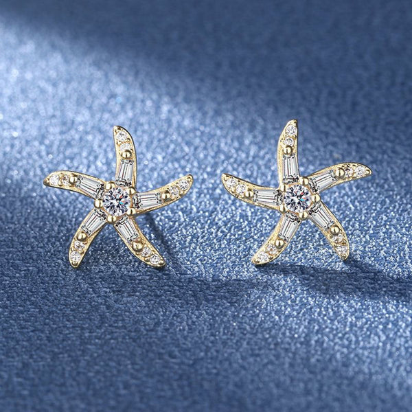 Gold-Tone Baguette Crystal Starfish Star Stud Earrings