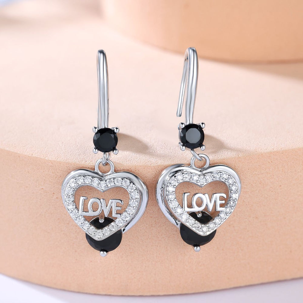 Silver-Tone Black Crystal LOVE Heart Drop Earrings